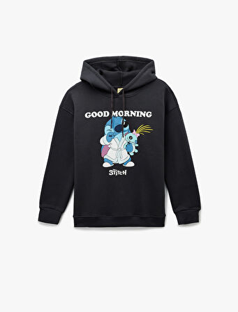 Stitch Lisanslı Kapüşonlu Uzun Kollu Baskılı Oversize Sweatshirt
