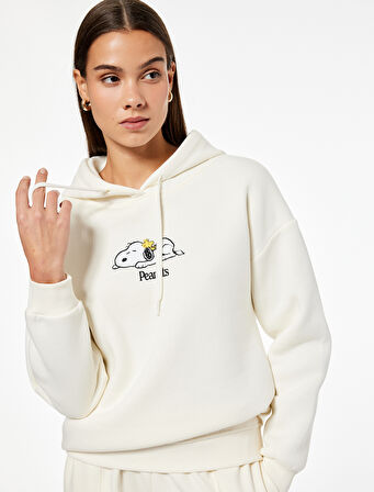 Snoopy Lisanslı Kapüşonlu Uzun Kollu Arkası Baskılı Oversize Sweatshirt