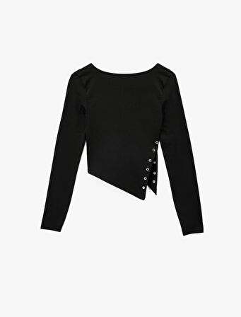 Kayık Yaka Uzun Kollu Troklu Slim Fit Asimetrik Tişört