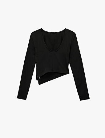 Kayık Yaka Uzun Kollu Troklu Slim Fit Asimetrik Tişört