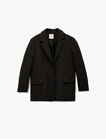 Viskon Karışımlı Geniş Yaka Cep Detaylı Düğmeli Uzun Kollu Ceket