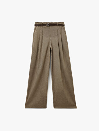 Cepli Pile Detaylı Kemerli Geniş Paça Ekose Pantolon