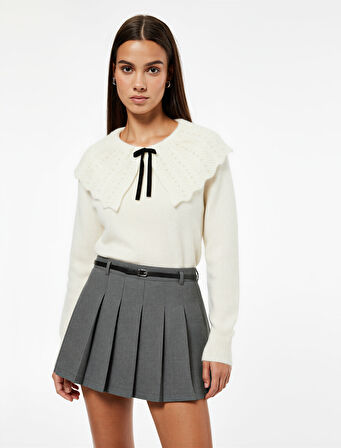 Viskon Karışımlı Kemer Detaylı Pileli Mini Şort Etek