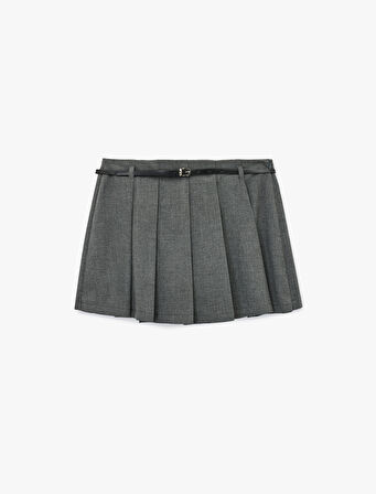 Viskon Karışımlı Kemer Detaylı Pileli Mini Şort Etek