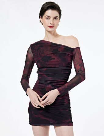 Asimetrik Yaka Uzun Kollu Slim Fit Çiçekli Drapeli Mini Tül Elbise