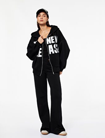 Kapüşonlu Uzun Kollu Baskılı Oversize Fermuarlı Hırka