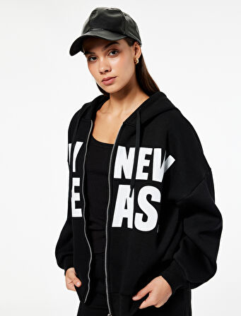 Kapüşonlu Uzun Kollu Baskılı Oversize Fermuarlı Hırka