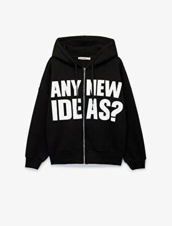 Kapüşonlu Uzun Kollu Baskılı Oversize Fermuarlı Hırka