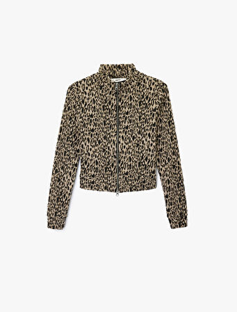 Slim Fit Uzun Kollu Dik Yaka Fermuarlı Leopar Desenli Hırka
