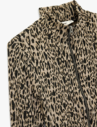 Slim Fit Uzun Kollu Dik Yaka Fermuarlı Leopar Desenli Hırka