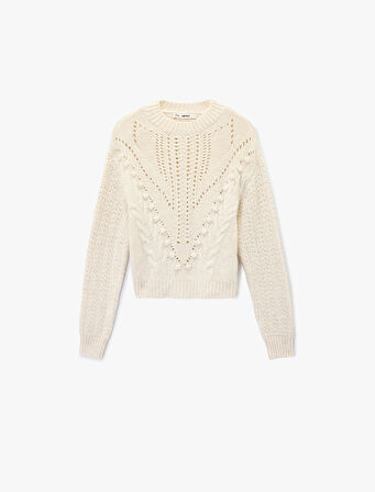 Uzun Kollu Ajurlu Bisiklet Yaka Dokulu Saç Örgü Kazak