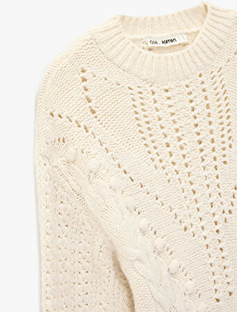 Uzun Kollu Ajurlu Bisiklet Yaka Dokulu Saç Örgü Kazak