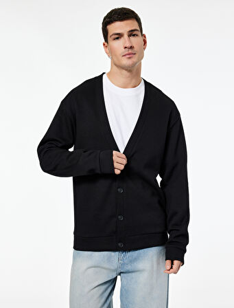 Regular Fit Uzun Kollu V Yaka Pamuklu Düğmeli Sweatshirt