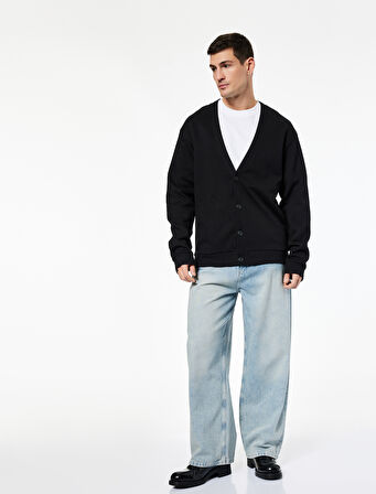 Regular Fit Uzun Kollu V Yaka Pamuklu Düğmeli Sweatshirt