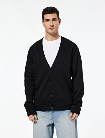 Regular Fit Uzun Kollu V Yaka Pamuklu Düğmeli Sweatshirt
