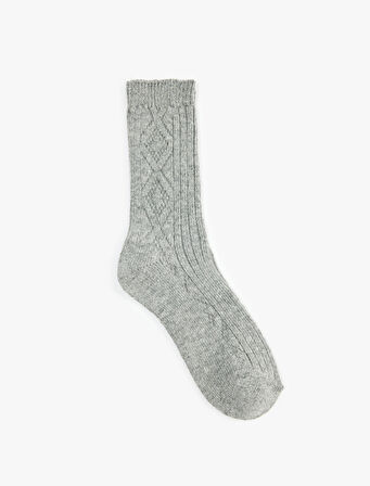 Kalın Koyun Yünü Karışımlı Baklava Desenli Dokulu Soket Çorap