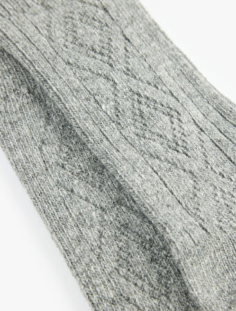 Kalın Koyun Yünü Karışımlı Baklava Desenli Dokulu Soket Çorap