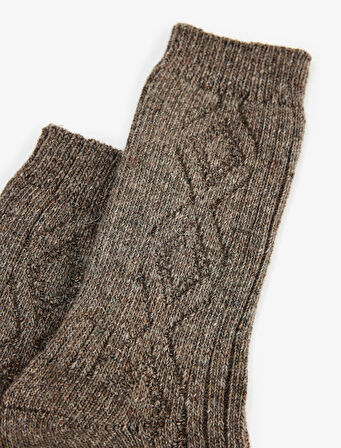 Kalın Koyun Yünü Karışımlı Baklava Desenli Dokulu Soket Çorap