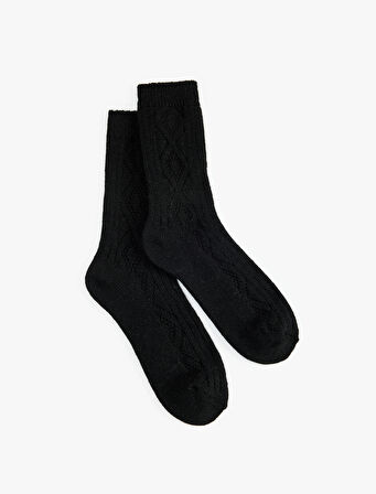 Kalın Koyun Yünü Karışımlı Baklava Desenli Dokulu Soket Çorap