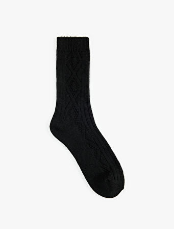 Kalın Koyun Yünü Karışımlı Baklava Desenli Dokulu Soket Çorap