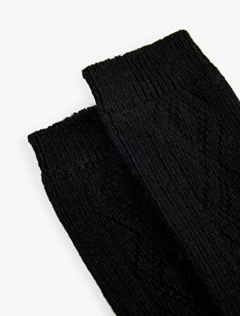 Kalın Koyun Yünü Karışımlı Baklava Desenli Dokulu Soket Çorap