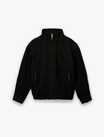 Uzun Kollu Cepli Dik Yaka Fermuarlı Crop Kaşe Bomber Mont