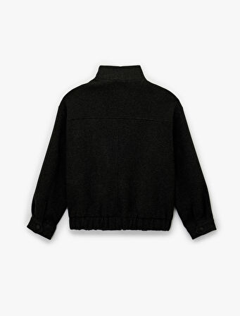 Uzun Kollu Cepli Dik Yaka Fermuarlı Crop Kaşe Bomber Mont