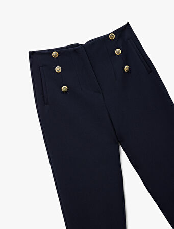 Cepli Yüksek Bel Düğme Detaylı Slim Fit Düz Paça Kumaş Pantolon