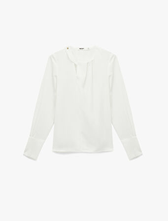 Metal Aksesuarlı Pencere Detaylı Asimetrik Yaka Uzun Kollu Krep Bluz