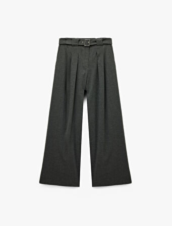 Metal Aksesuarlı Kemer Detaylı Viskon Karışımlı Geniş Paça Pantolon