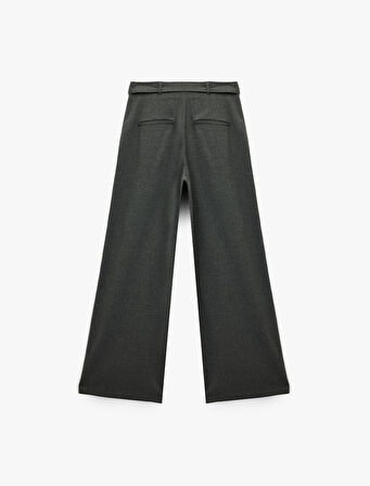 Metal Aksesuarlı Kemer Detaylı Viskon Karışımlı Geniş Paça Pantolon