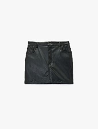 Suni Deri Slim Fit Cep Detaylı Mini Şort Etek