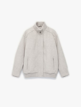 Fermuarlı Cepli Dik Yaka Uzun Kollu Oversize Kaşe Bomber Mont