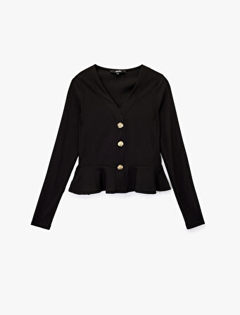 Aksesuar Düğme Detaylı Uzun Kollu Slim Fit Peplum Kesim V Yaka Hırka