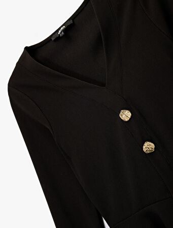 Aksesuar Düğme Detaylı Uzun Kollu Slim Fit Peplum Kesim V Yaka Hırka