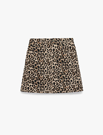 Yüksek Bel Leopar Desenli Taş Detaylı Mini Etek