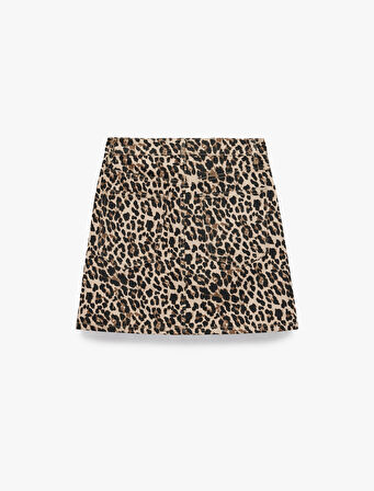 Yüksek Bel Leopar Desenli Taş Detaylı Mini Etek