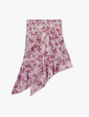 Asimetrik Kesim Yüksek Bel Katlı Midi Tül Etek