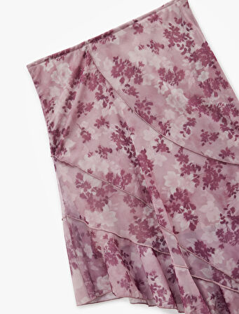 Asimetrik Kesim Yüksek Bel Katlı Midi Tül Etek