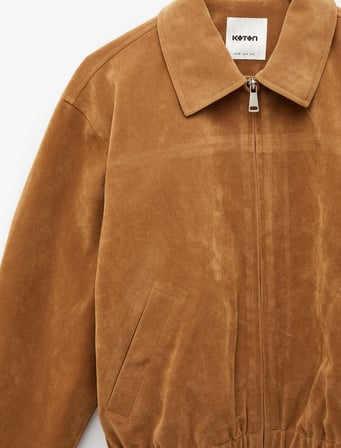 Uzun Kollu Fermuarlı Oversize Suni Süet Bomber Ceket