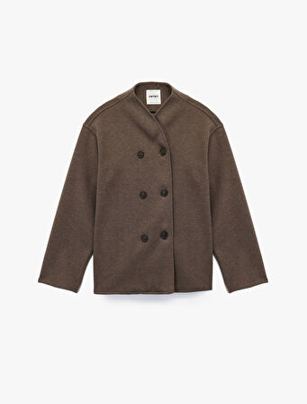 Uzun Kollu Dik Yaka Düğmeli Kruvaze Kaşe Ceket