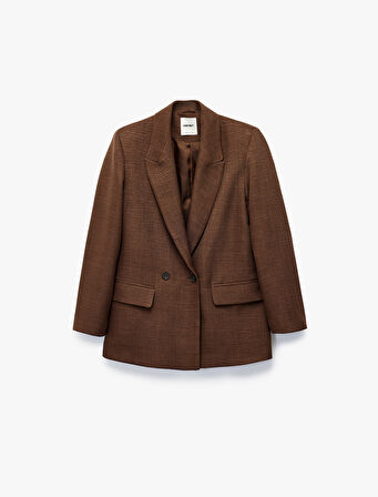 Cep Detaylı Düğmeli Uzun Kollu Kruvaze Yaka Blazer Ceket