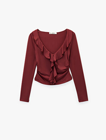 Fırfır Detaylı Uzun Kollu Slim Fit V Yaka Tişört