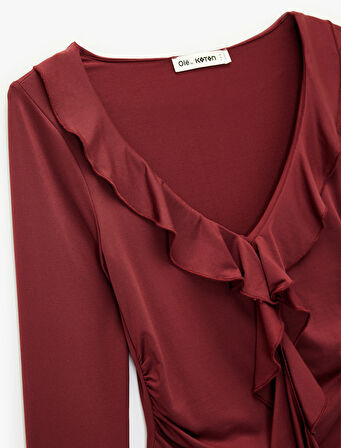 Fırfır Detaylı Uzun Kollu Slim Fit V Yaka Tişört