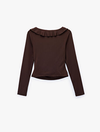 Fırfır Detaylı Uzun Kollu Slim Fit V Yaka Tişört