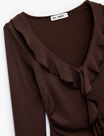 Fırfır Detaylı Uzun Kollu Slim Fit V Yaka Tişört