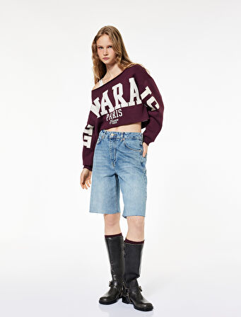 Uzun Kollu Baskılı Kayık Yaka Oversize Crop Sweatshirt