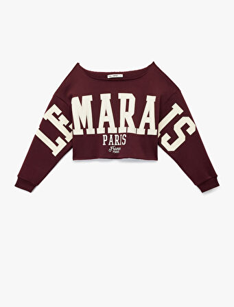 Uzun Kollu Baskılı Kayık Yaka Oversize Crop Sweatshirt