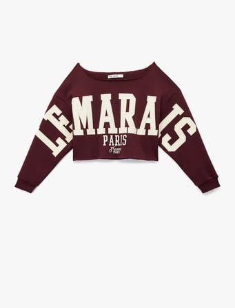 Uzun Kollu Baskılı Kayık Yaka Oversize Crop Sweatshirt