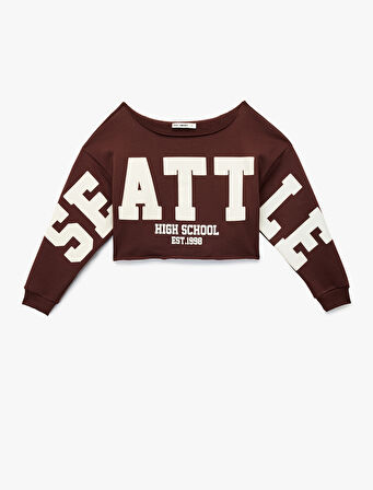 Uzun Kollu Baskılı Kayık Yaka Oversize Crop Sweatshirt